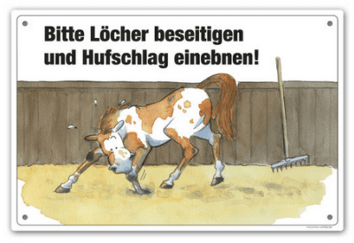 Comic Schild Bitte Löcher beseitigen Pferd