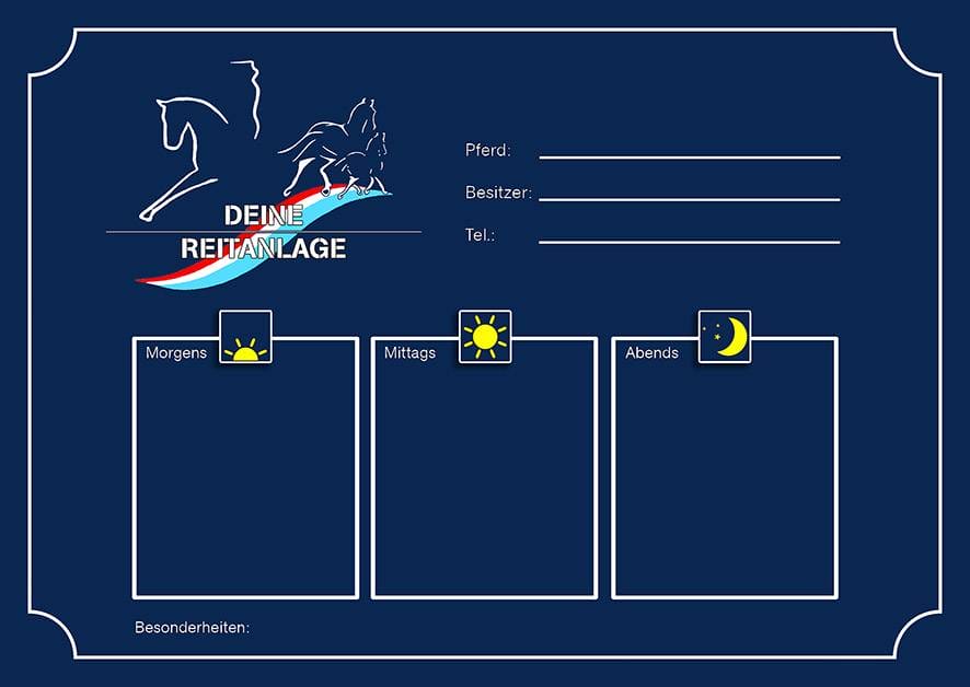 Ein Poster mit blauem Hintergrund und einem Bild von Futterplan 5 fürs Pferd „DEIN STALL“ individuell mit Logo.