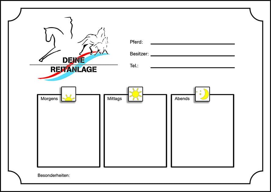 Ein Blatt Futterplan 5 fürs Pferd „DEIN STALL“ individuell mit Logo mit dem Bild eines Pferdes darauf.
