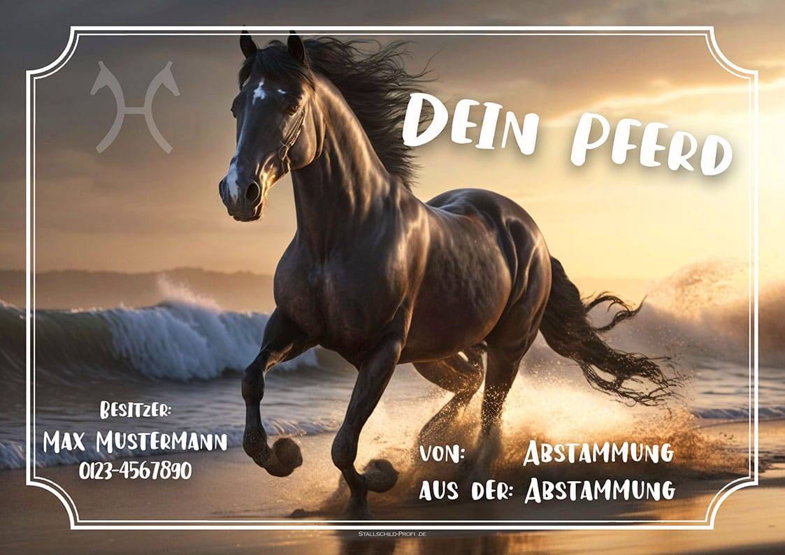 Ein individuelles Boxenschild DEIN PFERD gestalten lassen läuft bei Sonnenuntergang am Strand. individuelles Boxenschild DEIN PFERD mit Pferdenamen, Abstammung, Brandzeichen