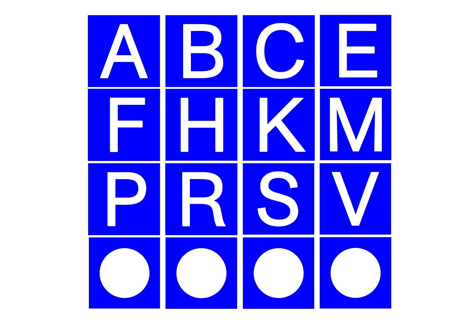 Ein Raster aus blauen Quadraten mit weißen Buchstaben und Kreisen, wobei die Buchstaben d, g, i, j, l, n, o, q, t, u fehlen. Dressur Bahnpunkte und Zirkelpunkte (Kopie), w.
