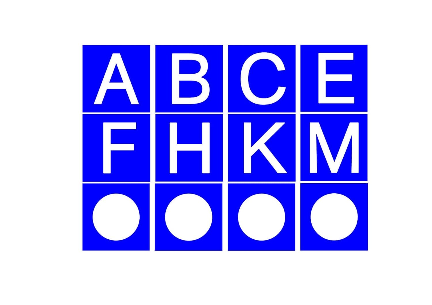 Ein Raster aus blauen Quadraten mit weißen Buchstaben und Kreisen, entworfen für Dressur Bahnpunkte und Zirkelpunkte (Kopie), enthält die Buchstaben a bis m mit Ausnahme von d, g, i, j und l.