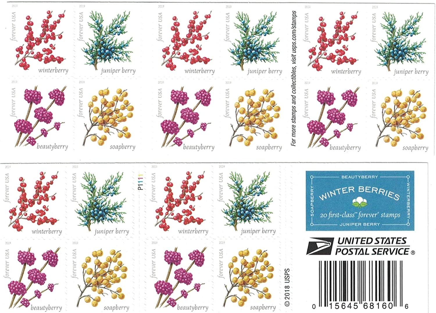 (2019) USPS Winter Berries First Class Forever Postage Stamps - Image 1