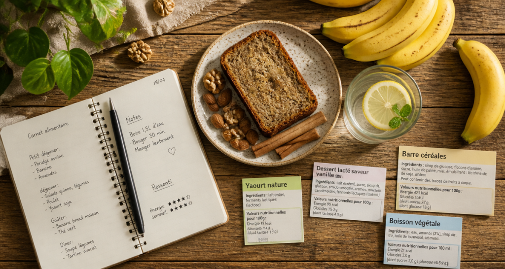 10 conseils pour se desintoxiquer du sucre, table saine, carnet, banana bread