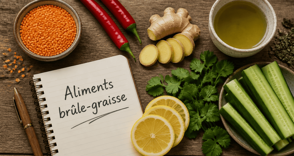 aliments brûle graisse lentilles piment gingembre citron coriandre thé vert concombre
