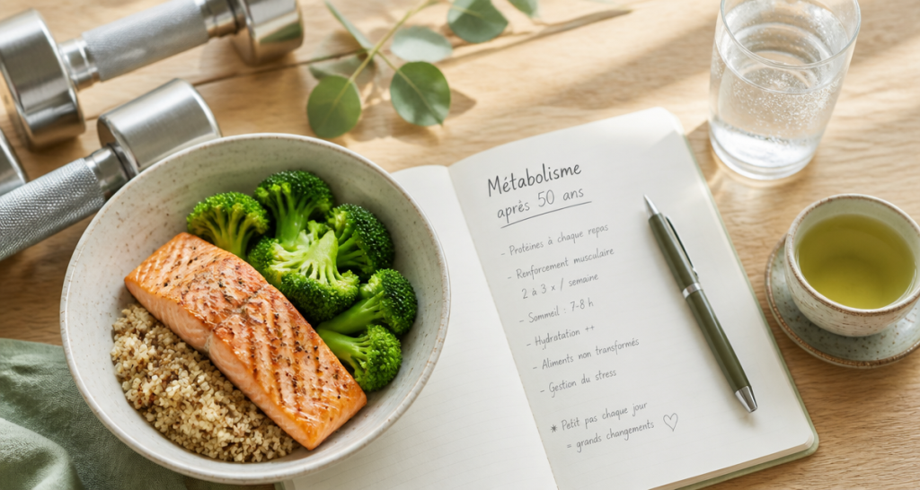 comment augmenter son metabolisme apres 50 ans bol saumon haltères carnet