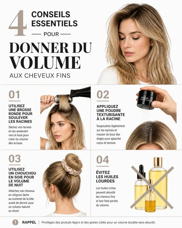 Infographie conseils volume coiffure cheveux fins