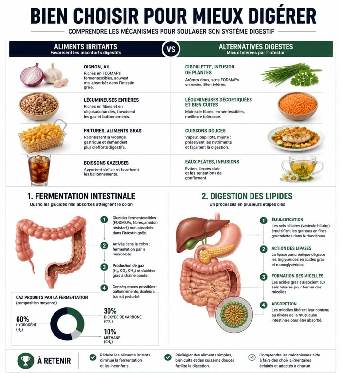 Infographie sur les aliments à éviter pour une meilleure digestion et leurs alternatives