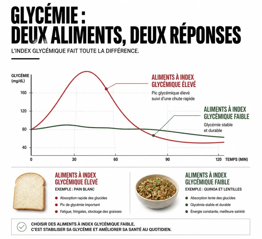 Infographie comparant l'impact des aliments riches en glucides sur la glycémie et l'insuline