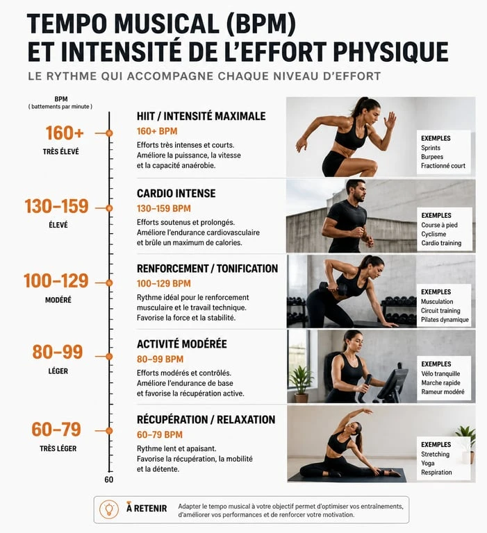 Infographie des plages de BPM recommandées pour chaque type d'activité fitness