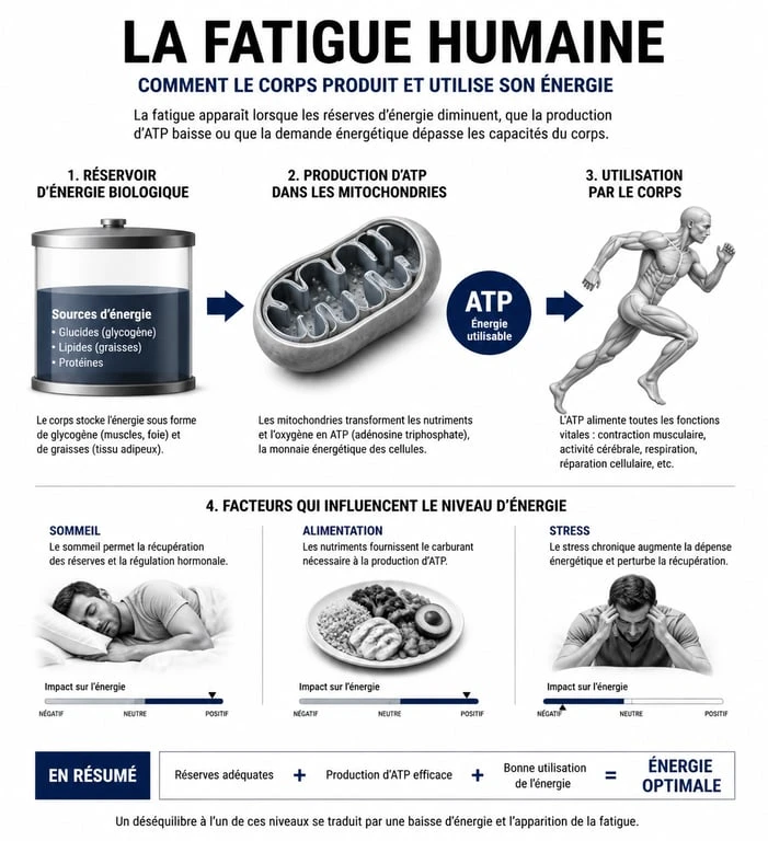 Infographie sur les causes du manque d'énergie et le fonctionnement du métabolisme énergétique