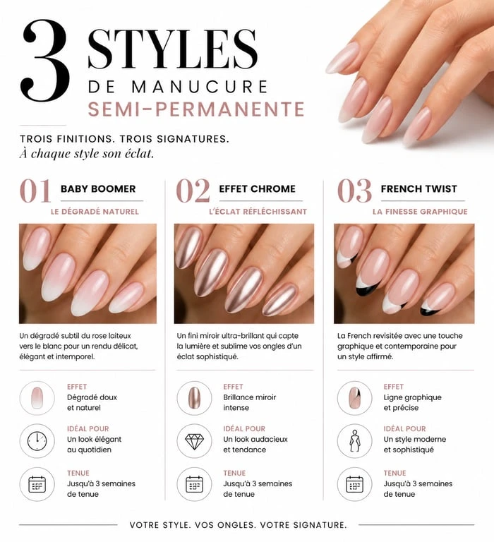 Tendances modèles vernis semi permanent : Baby Boomer, effet miroir et French Twist
