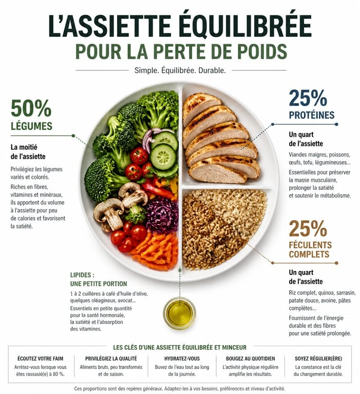 Infographie assiette équilibrée pour plan alimentaire perte de poids