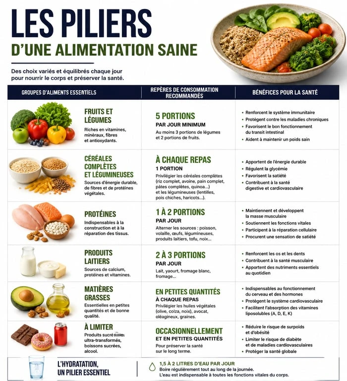 Infographie des repères nutritionnels pour une alimentation saine et équilibrée