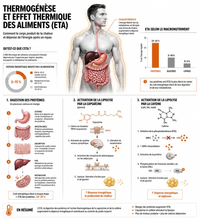 Infographie sur les mécanismes métaboliques et l'effet thermique des aliments pour booster le métabolisme