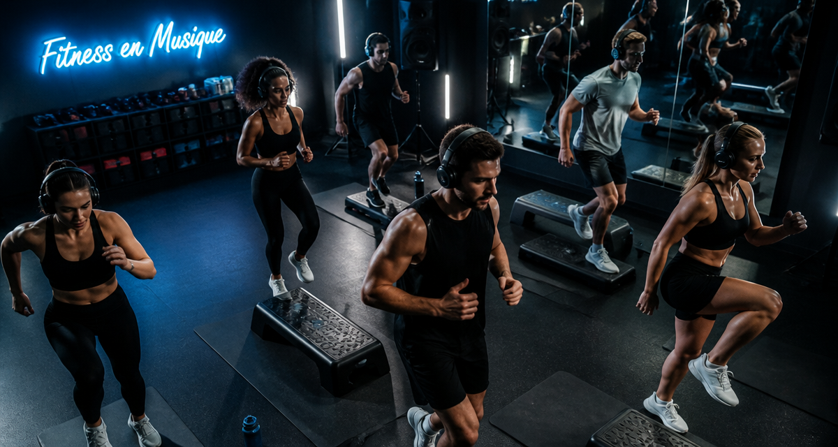 Fitness en musique, groupe en salle, entraînement