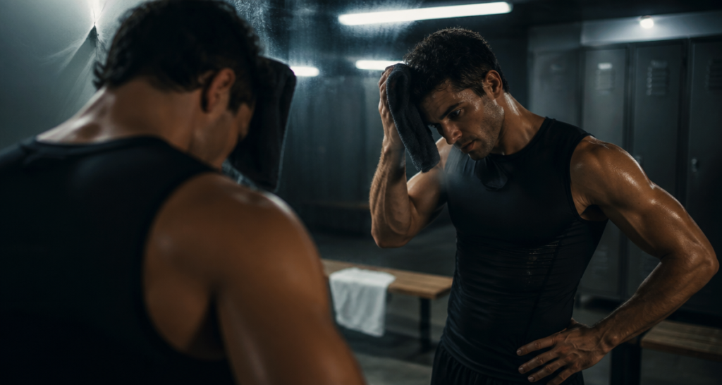 Les bienfaits de la transpiration pendant le sport athlète s'essuie dans vestiaire