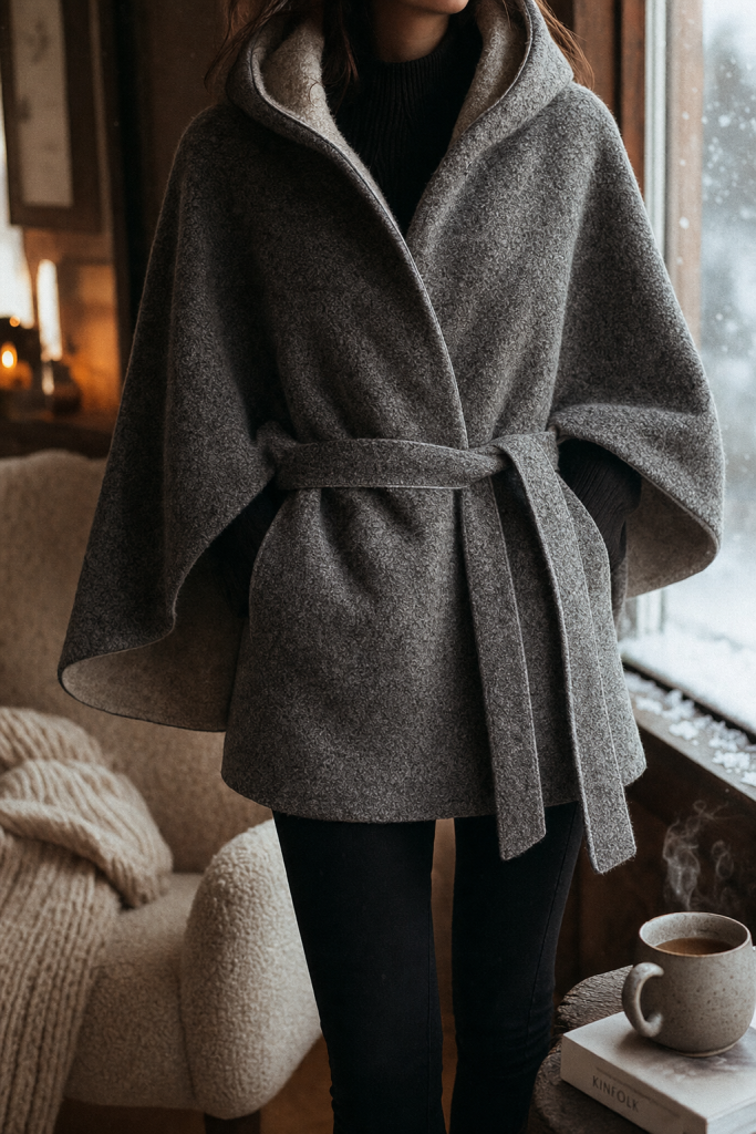 Cape chaude pour femme en laine bouillie, capuche doublée