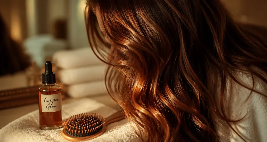 Cheveux auburn cuivré avec reflets cuivre-or lumineux
