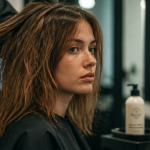 cheveux paille après permanente devant miroir salon