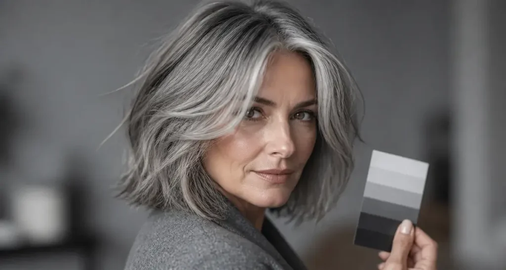 Coupe cheveux gris dégradé : volume, mèches grises face framing