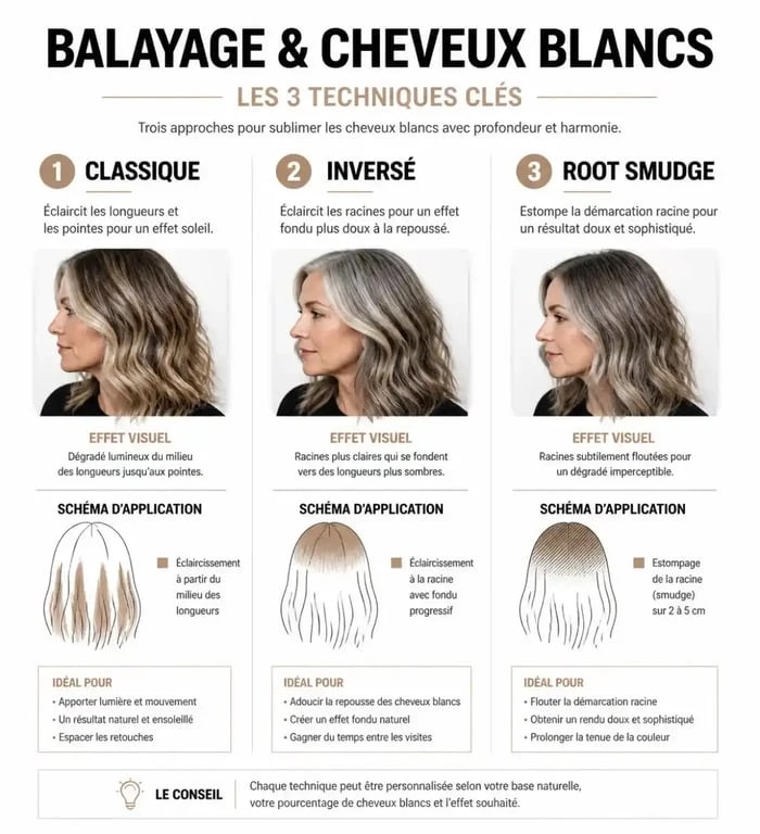 Infographie comparative des techniques de balayage sur cheveux blancs pour choisir la méthode adaptée selon le pourcentage de cheveux blancs.