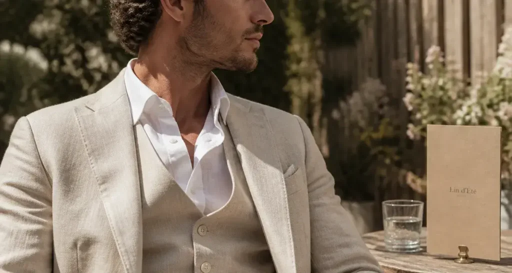 Tenue mariage homme été en lin beige respirant, mariage d’été