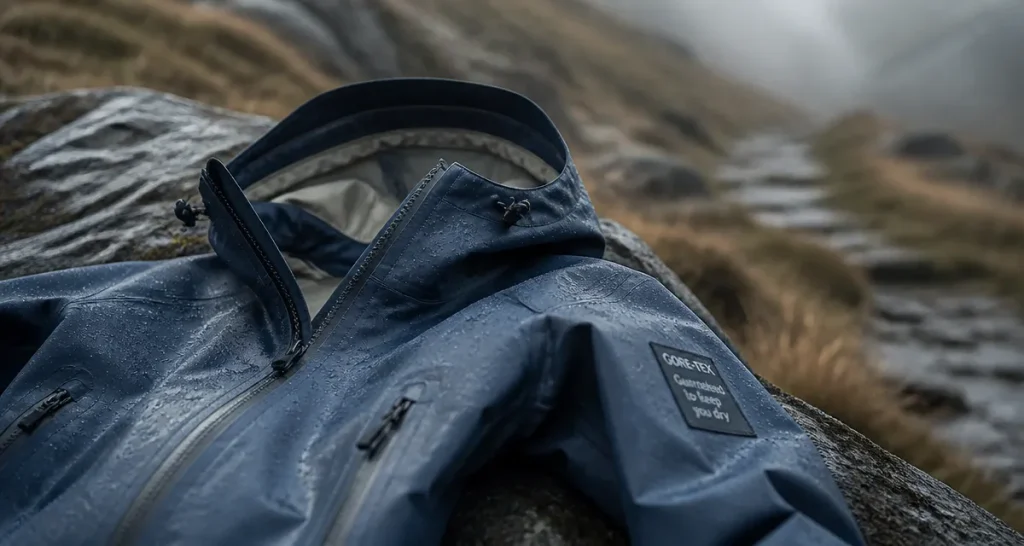 Veste gore tex femme sur pierre mouillée, capuche ouverte, reste au sec