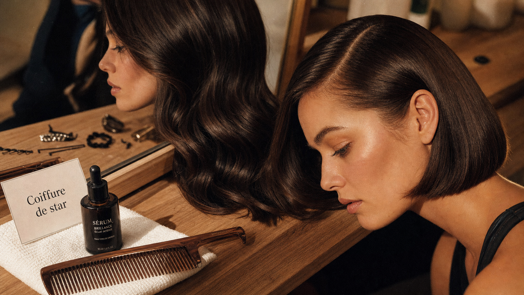 Coiffure de star : carré bob, brushing glossy ou chignon sleek, cheveux lissés et brillants