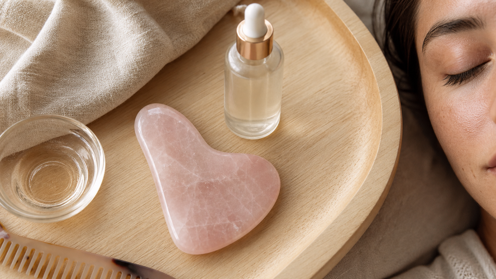 Gua sha bienfaits : pierre quartz rose sur visage et sérum