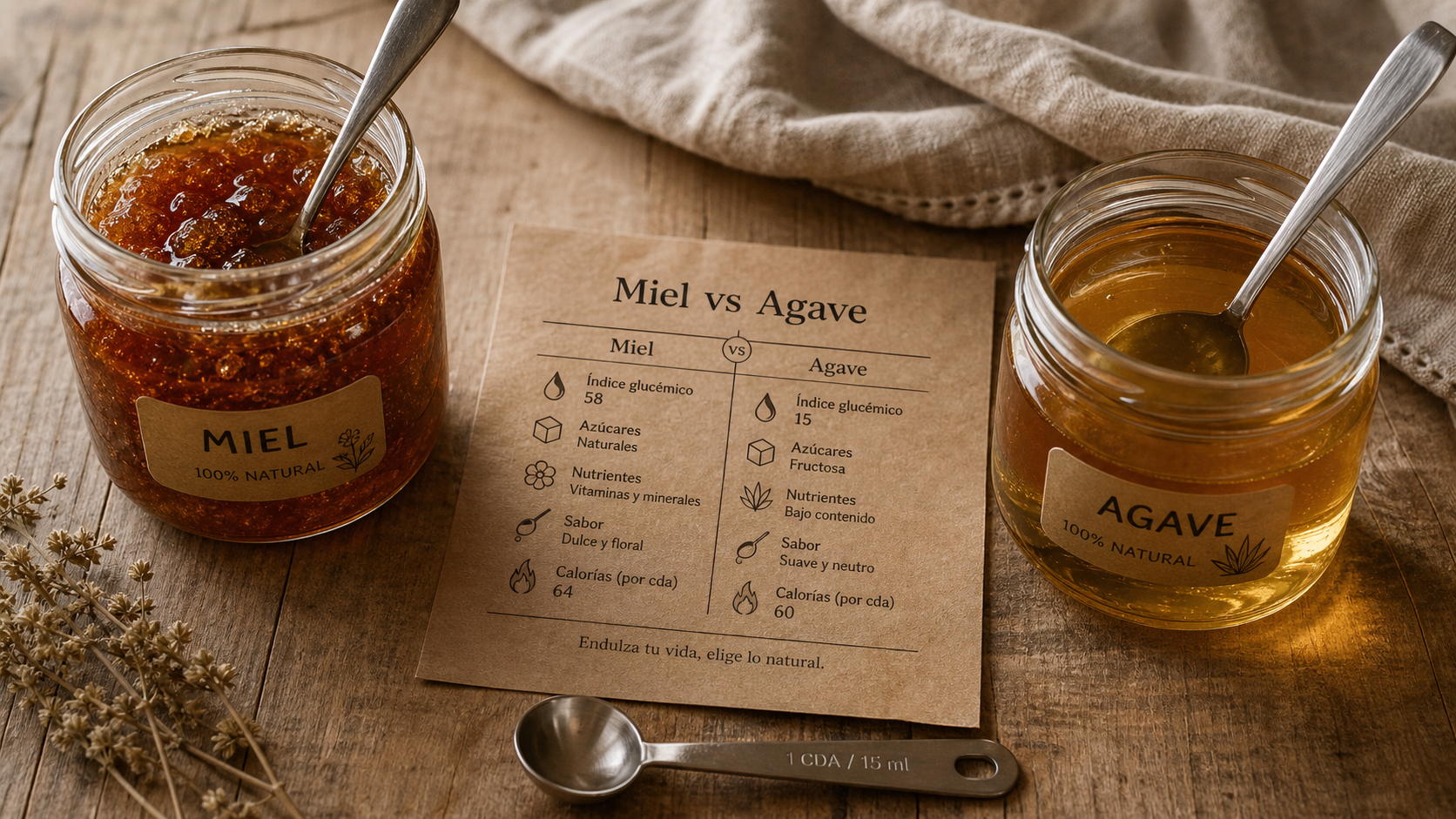 Sirop d agave ou miel : bocaux de miel et sirop d’agave sur table, index glycémique bas