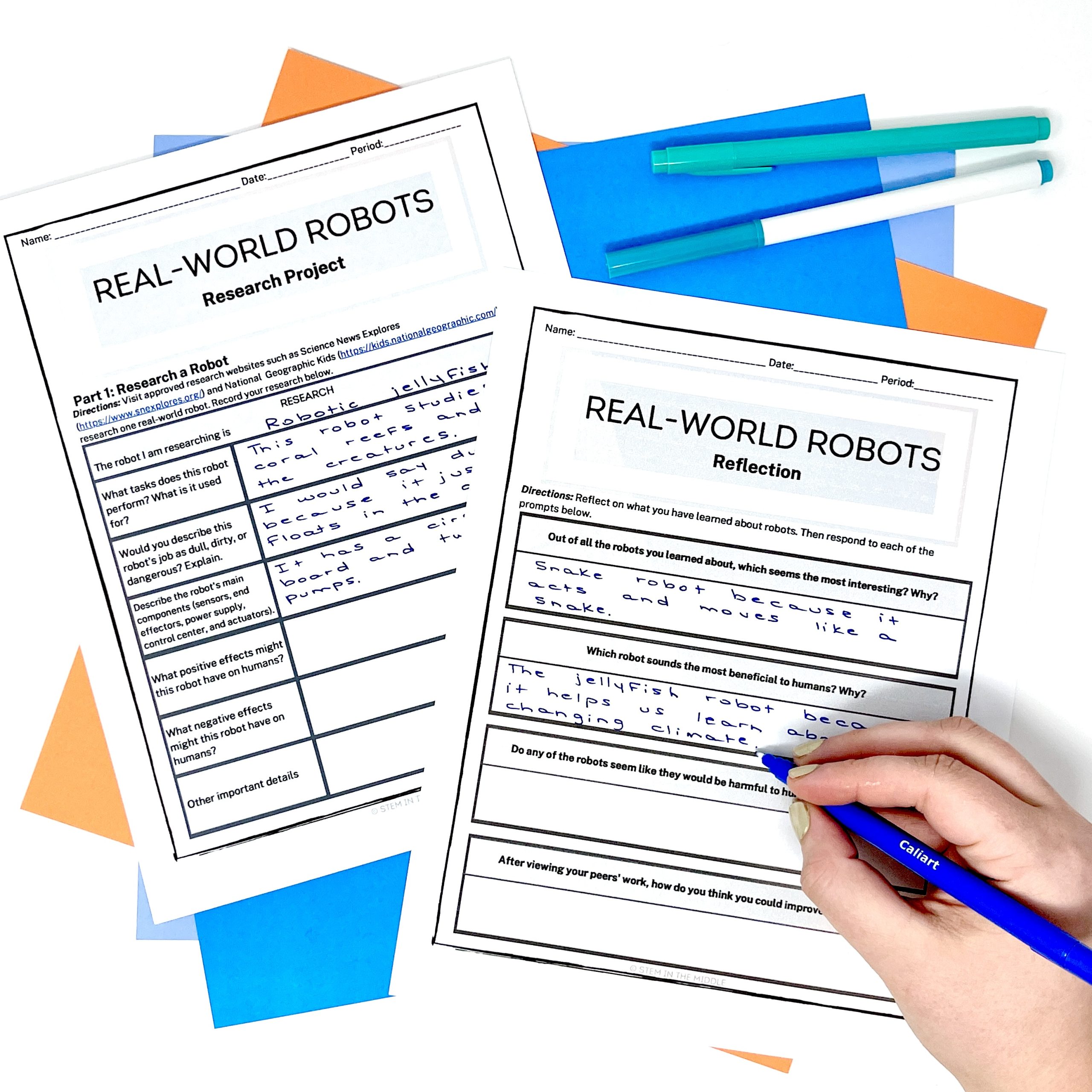This image shows two worksheets titled "Real World Robot Research Project." A hand is writing on the worksheet. There is a blue and orange background with two pens next to the worksheets.