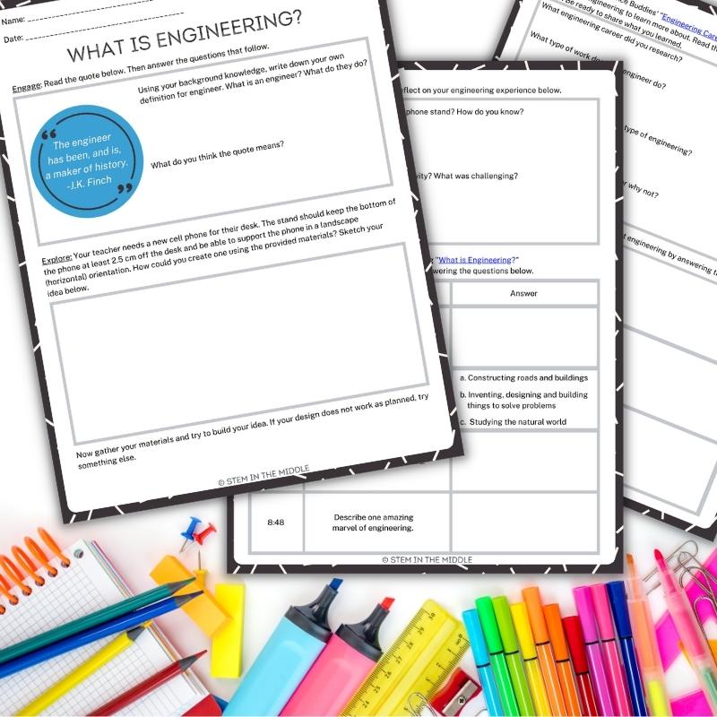This image shows school supplies and a worksheet that reads "What is engineering?" on a white background.