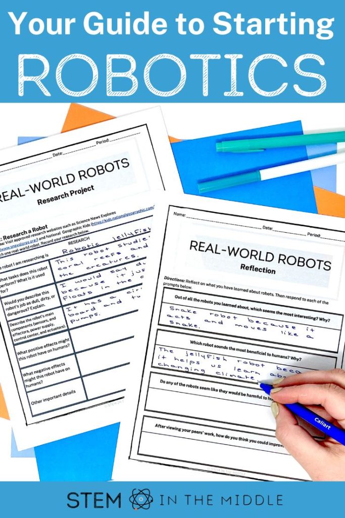 This image shows a hand completing worksheets titled "Real World Robots." The text reads "Your Guide to Starting Robotics."