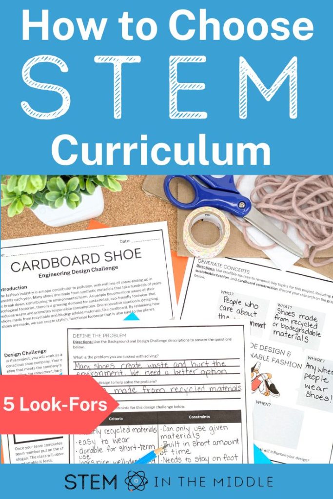 The heading reads, "How to choose STEM curriculum." It's subtitled "5 look-fors." The image shows three worksheets for a "cardboard shoe STEM challenge." The worksheets have partially completed. Around the worksheet are various building supplies, such as cardboard, scissors, tape, and string.