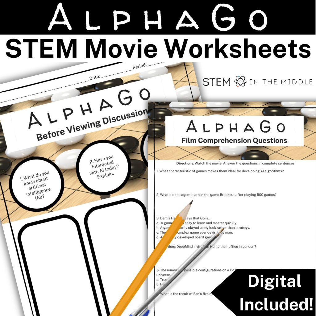 This image is titled "AlphaGo: STEM Movie Worksheets." The image shows two worksheets with discussion questions and comprehension questions to go along with the "AlphaGo" documentary.