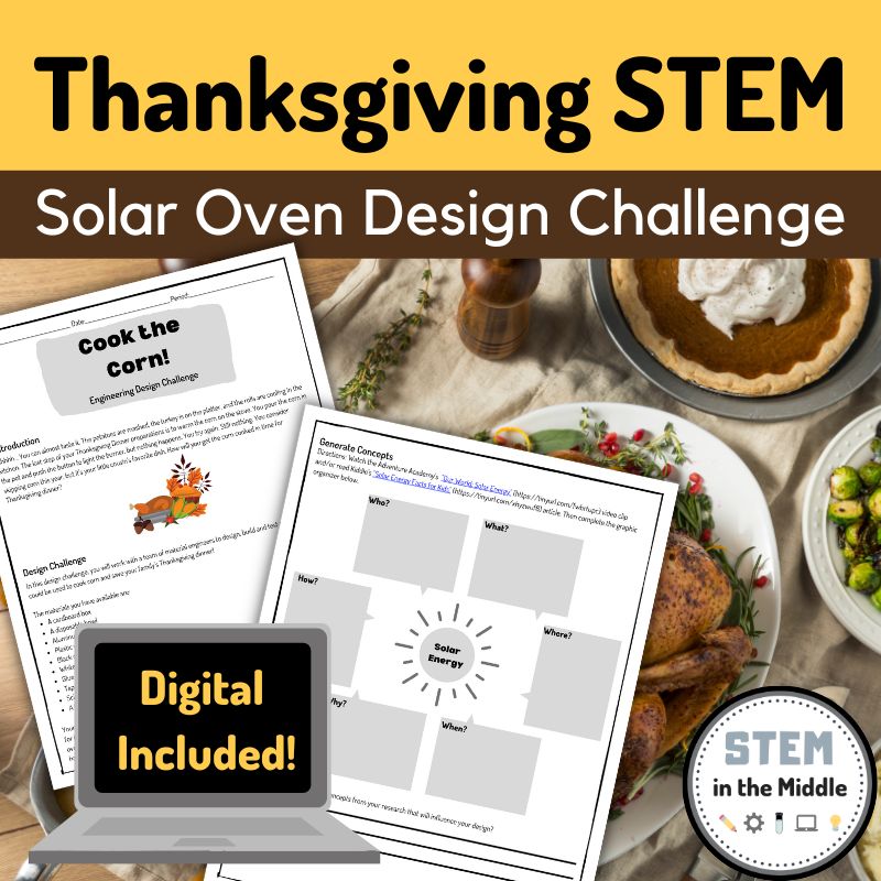 This image shows a Thanksgiving engineering activity worksheet. The text states, "Thanksgiving STEM: Solar Oven Design Challenge."