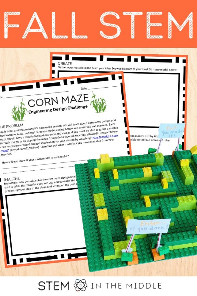 The title reads "Fall STEM." The image shows a worksheet titled "Corn Maze Engineering Design Challenge" and there is a model corn maze built from LEGOs.
