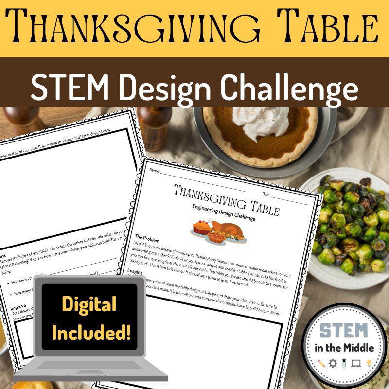 This image shows a Thanksgiving engineering activity worksheet. The text says "Thanksgiving Table: STEM Design Challenge," and "digital included."