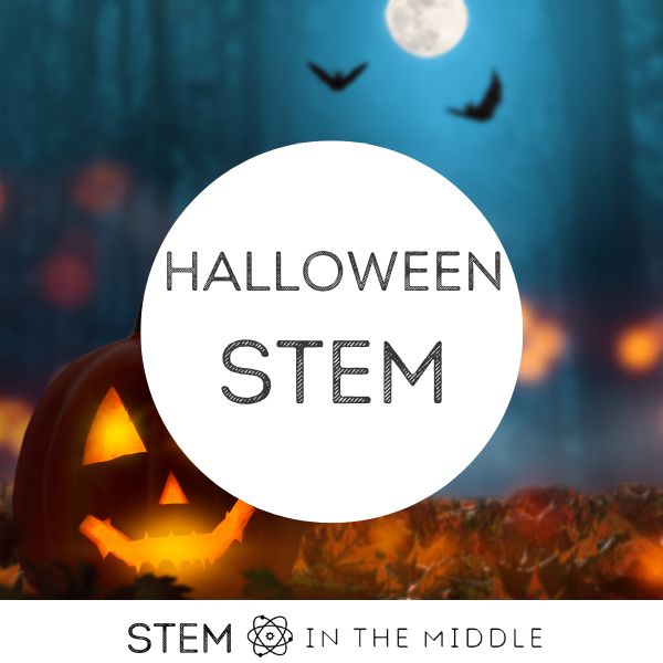 This image shows Halloween pumpkins, bats and a full moon. The text reads "Halloween STEM."