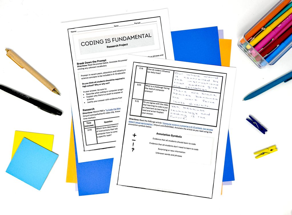 This image shows a worksheet titled "Coding is Fundamental Research Project." The worksheet gives students a writing prompt and a video and an article to use for researching the importance of computer science in K-12 education. The worksheets are surrounded by various school supplies.