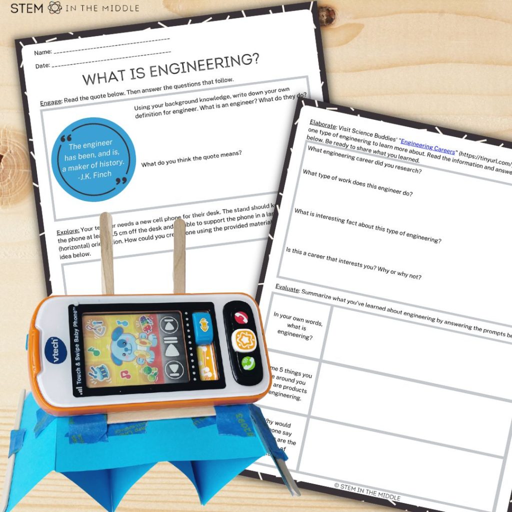 This image shows worksheets titled "What is engineering?" and a DIY cell phone stand.