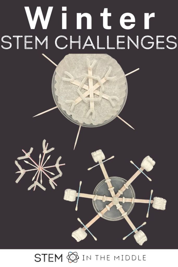 This image is titled "Winter STEM Challenges." There are three DIY snowflakes created from wooden craft sticks, cotton swabs, coffee filters, and pipe cleaners.
