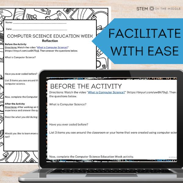 This image shows a printed worksheet titled "Computer Science Education Week Reflection" and a computer showing a digital document with the same title.