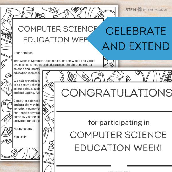 This image shows a parent letter and a certificate for celebrating Computer Science Education Week.
