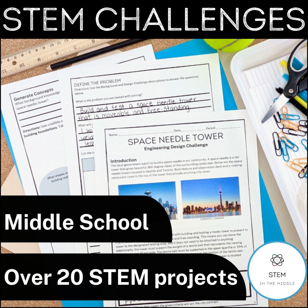 This image reads, "STEM Challenges: Middle School, Over 20 STEM Projects." It shows student worksheets for a "Space Needle Engineering Challenge," and various building supplies such as scissors, paperclips, and a ruler.