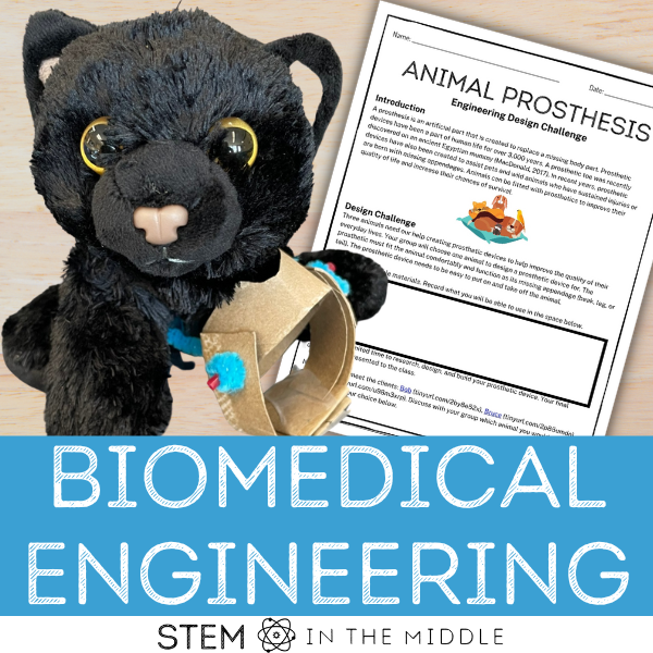 This image shows a black stuffed cat with a missing front limb. The cat has a DIY prosthetic device. A worksheet next to the cat is titled "Animal Prosthesis: STEM Challenge." The title reads "Biomedical Engineering."