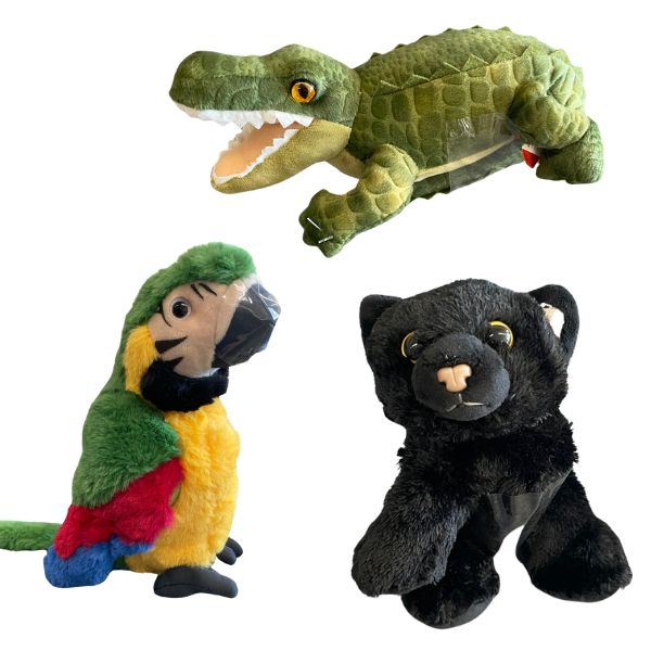 This image shows 3 stuffed animals missing various appendages. The alligator is missing a tail, the parrot is missing it's upper beak, and the cat is missing it's front limb.