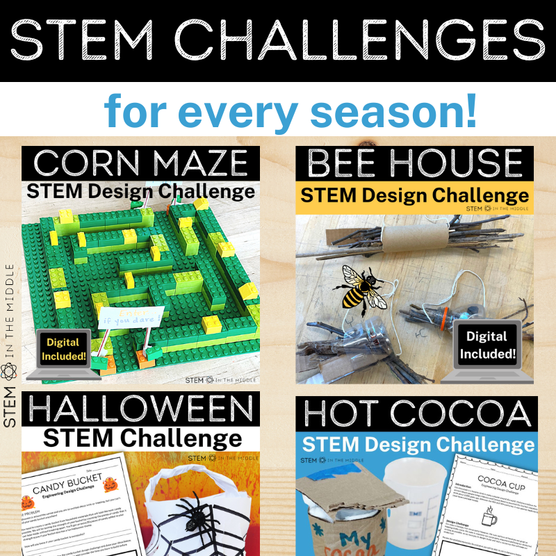 This image shows a corn maze, bee house, candy bucket and hot cocoa cup STEM challenges. The text reads "STEM challenges for every season."