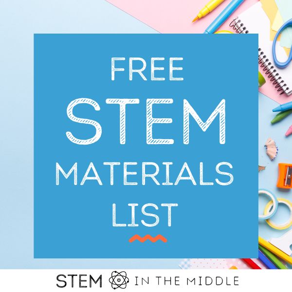 This image shows various office supplies on a blue background. The text reads "Free STEM Materials List."